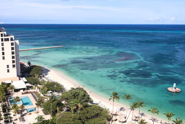 Tropical beach with turquoise water and palm trees in Jamaica