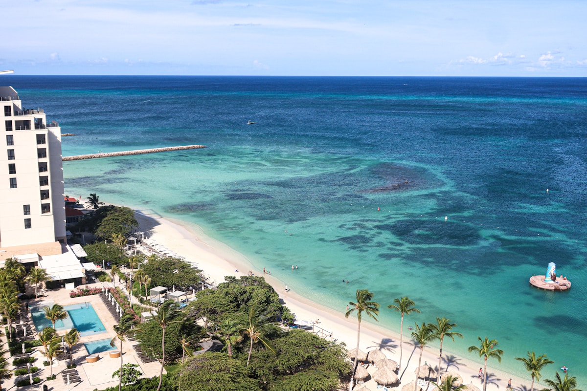 Tropical beach with turquoise water and palm trees in Jamaica